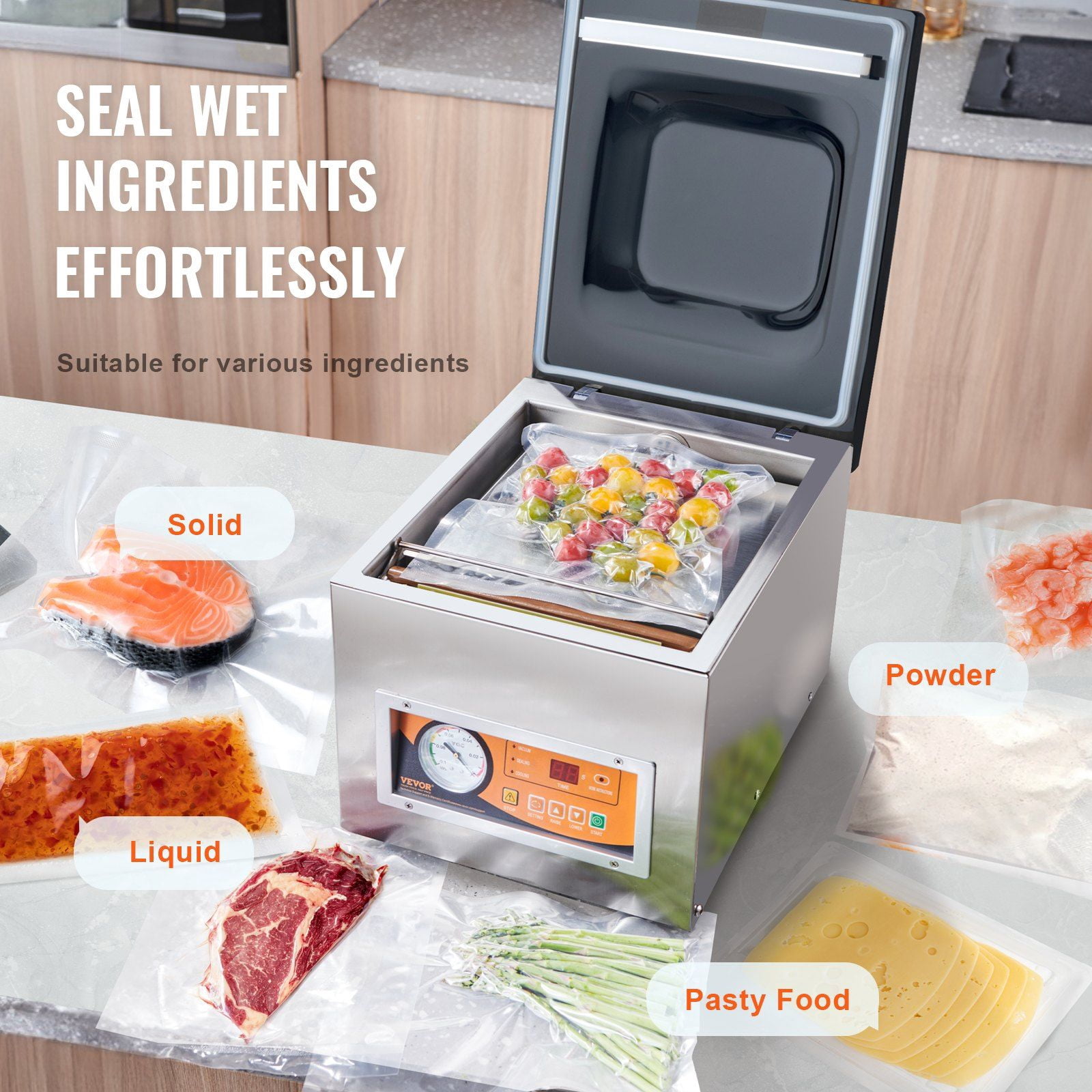 Chamber Vacuum Sealer, 260W Sealing Power, Vacuum Packing Machine for Wet Foods, Meats, Marinades and More, Compact Size with 10.2" Sealing Length, Applied in Home Kitchen and Commercial Use