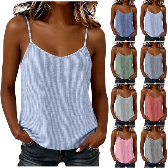 VBVC Women's Cotton-Linen V Neck Spaghetti Strap Camisole , Ladies' Striped Sleeveless Tank Top , Summer Office Layering Shirt For Women,Black,S-2XL