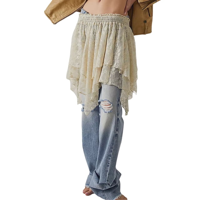 Gupgi Lace Skirts for Women Low Waist Ruffle Half Slip Skirt Layered Irregular Hem Flowy Short Skirt