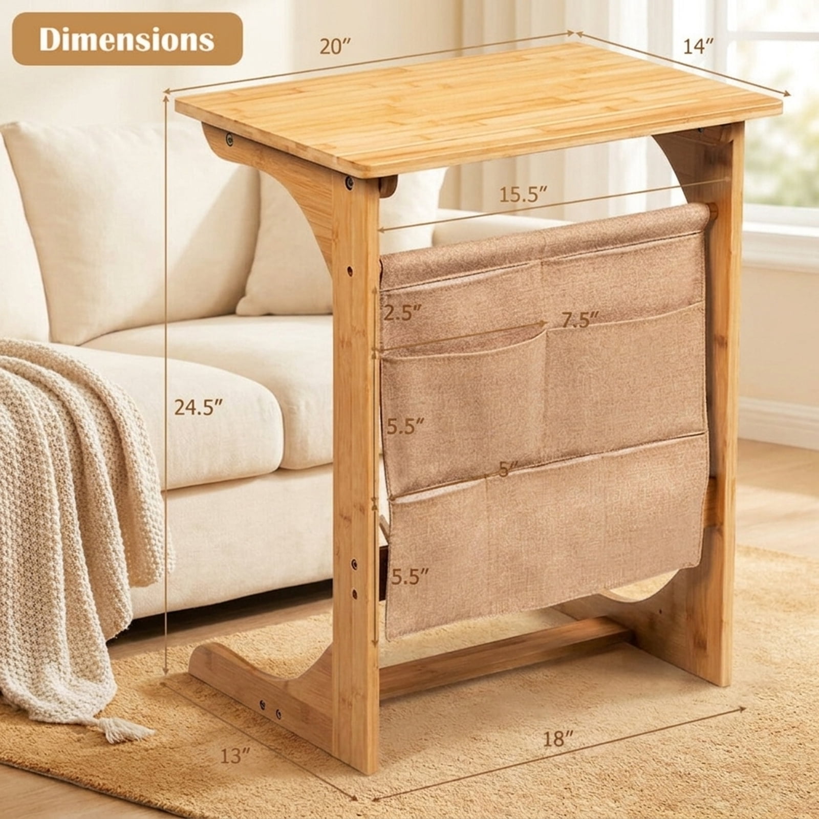 Furnibear Bamboo Sofa Table End Table Bedside Table with Storage Bag - Natural - Bedroom Accent Nightstand Furniture
