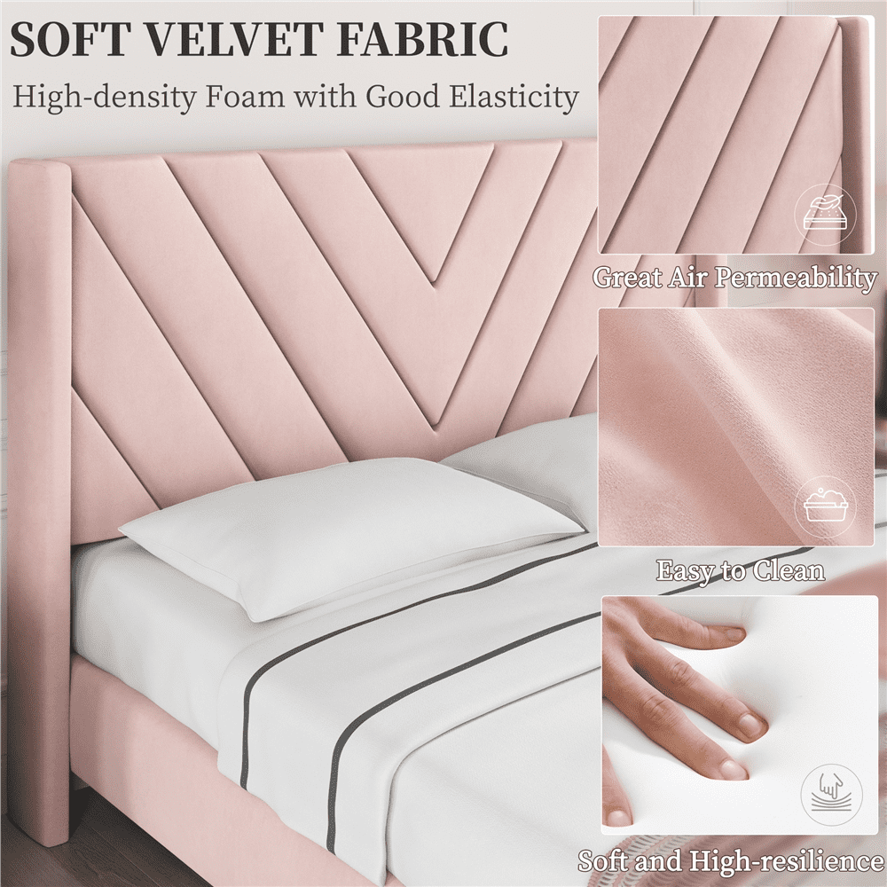 Renwick Queen Size Upholstered Platform Bed Frame with Tufted Headboard, Pink, Adult