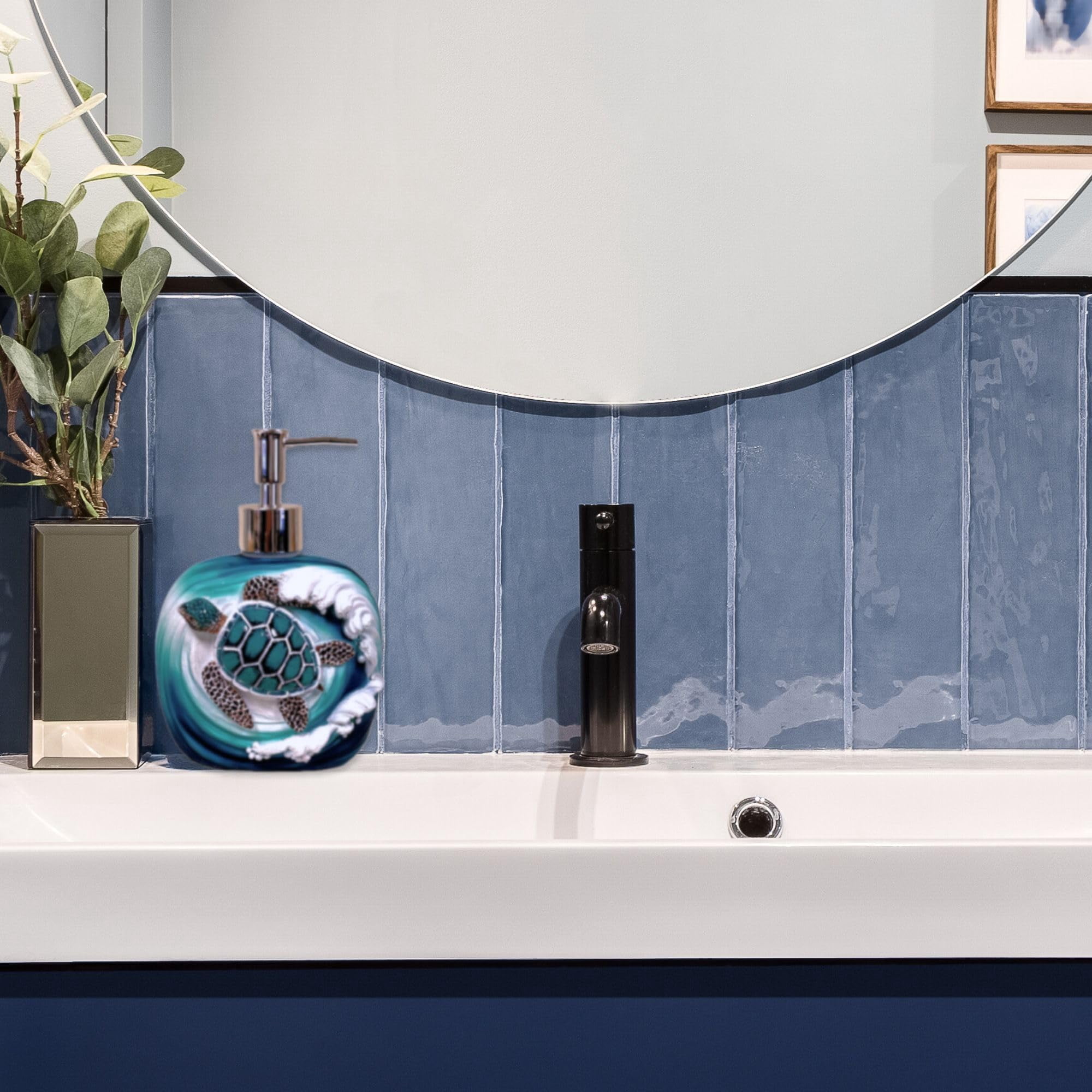 Sea Turtle Wave Decorative Soap Pump Dispenser - Nautical and Ocean - Inspired Refillable Liquid Soap and Lotion Bottle Storage - Ideal for Sea and Marine Life Lovers