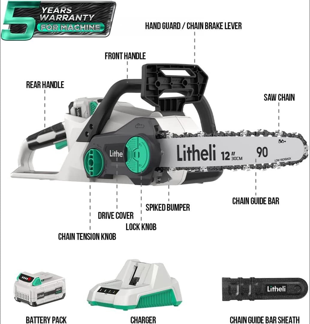 Litheli 40V 12" Cordless Chainsaw, Battery Chainsaw with 2.0Ah Battery and Charger Included