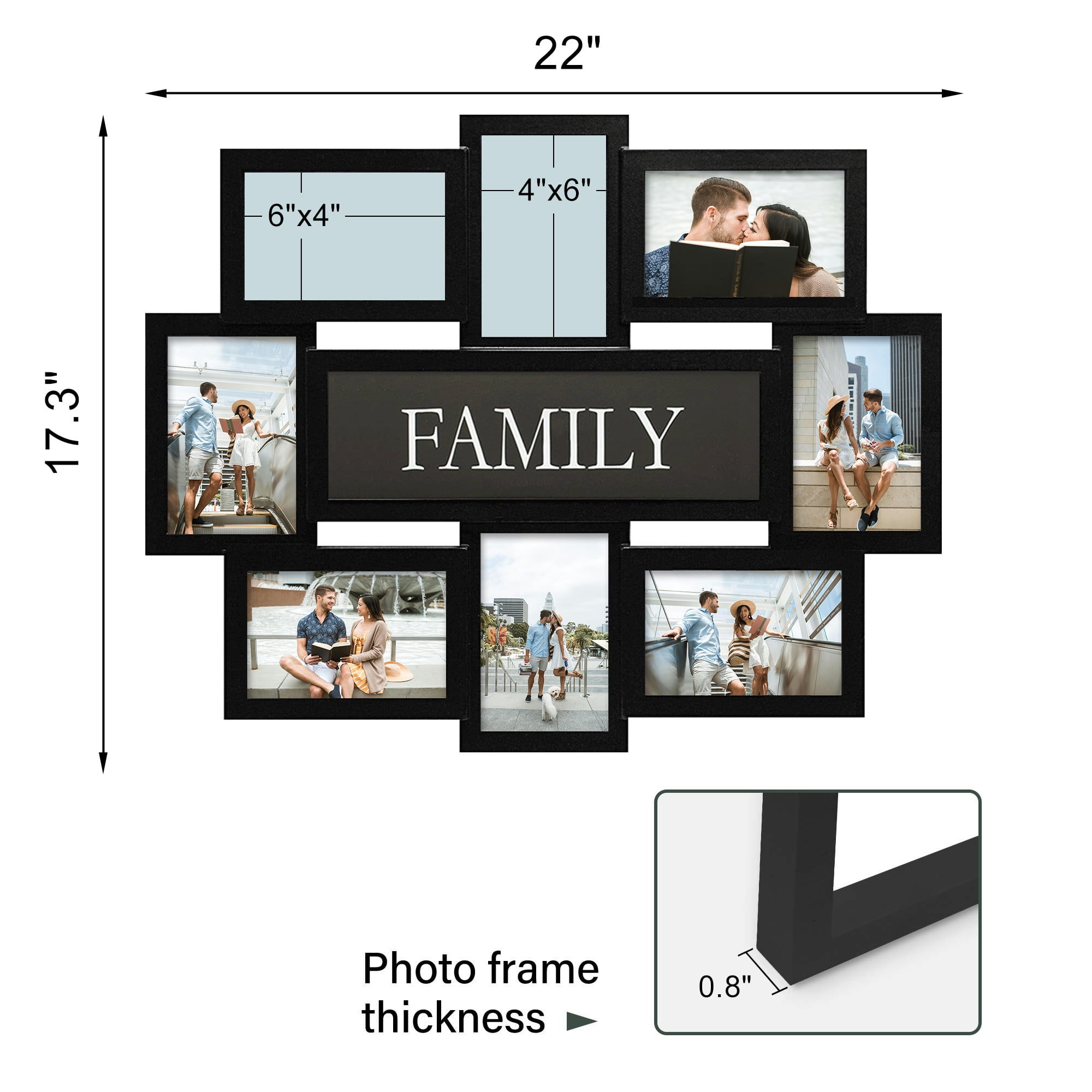 8 Opening Family Picture Frame Gallery Collage Wall Hanging Photo Frame for 6" x 4" Photo Black