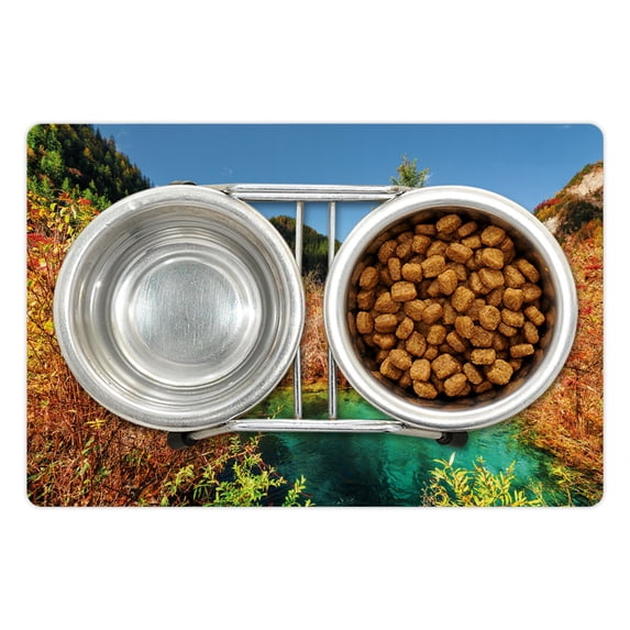 Nature Pet Mat for Food and Water, Idyllic Fall Landscape with a Creek Among the Forest in National Park Valley Art, Non-Slip Rubber Mat for Dogs and Cats, 18" X 12", by Ambesonne