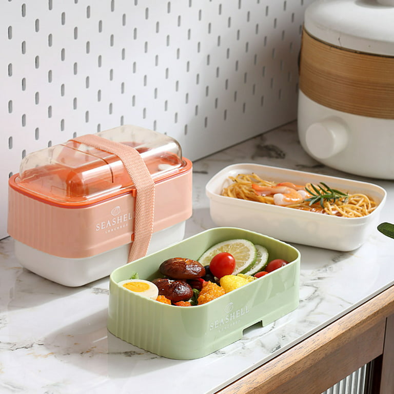 1set Microwaveable Plastic Double Layer Lunch Box With Bag And Utensils,  Leakproof Salad Fruit Food Container Suitable For Students And Adults