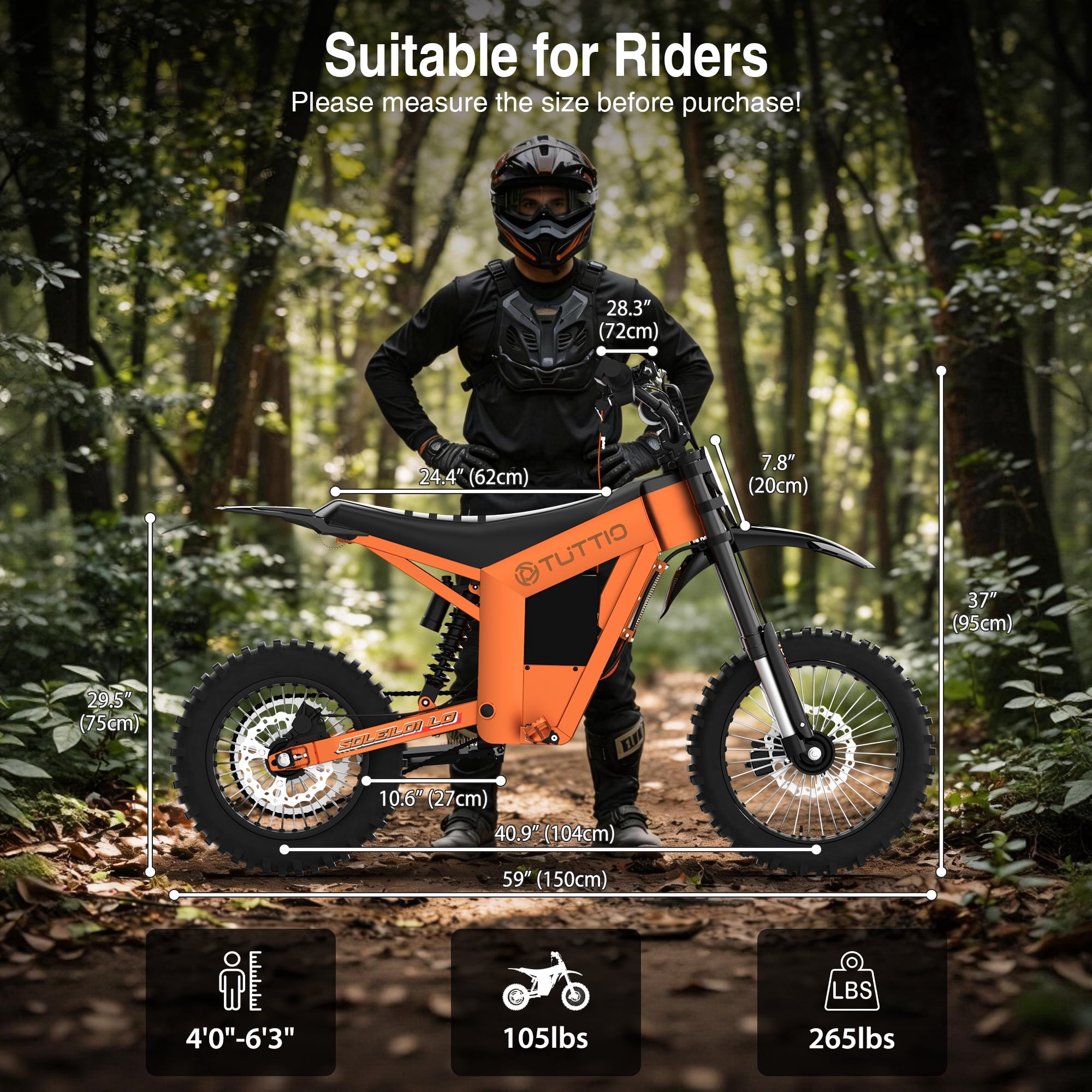TUTTIO Soleil01 LO 3000W Adult Electric Dirt Bike, 48V 21Ah Long-Range Battery, 37MPH Max Speed, 3-Speed All-Terrain Off-Road E-Motorcycle, UL 2849