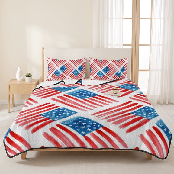 Queen Quilt Set, Independence Day American Flag Lightweight Quilt Sets Summer Comforter Coverlets with 2 Pillow Shams, Red Blue White Star Stripe Breathable 3 Piece Bedding Set for All Seasons