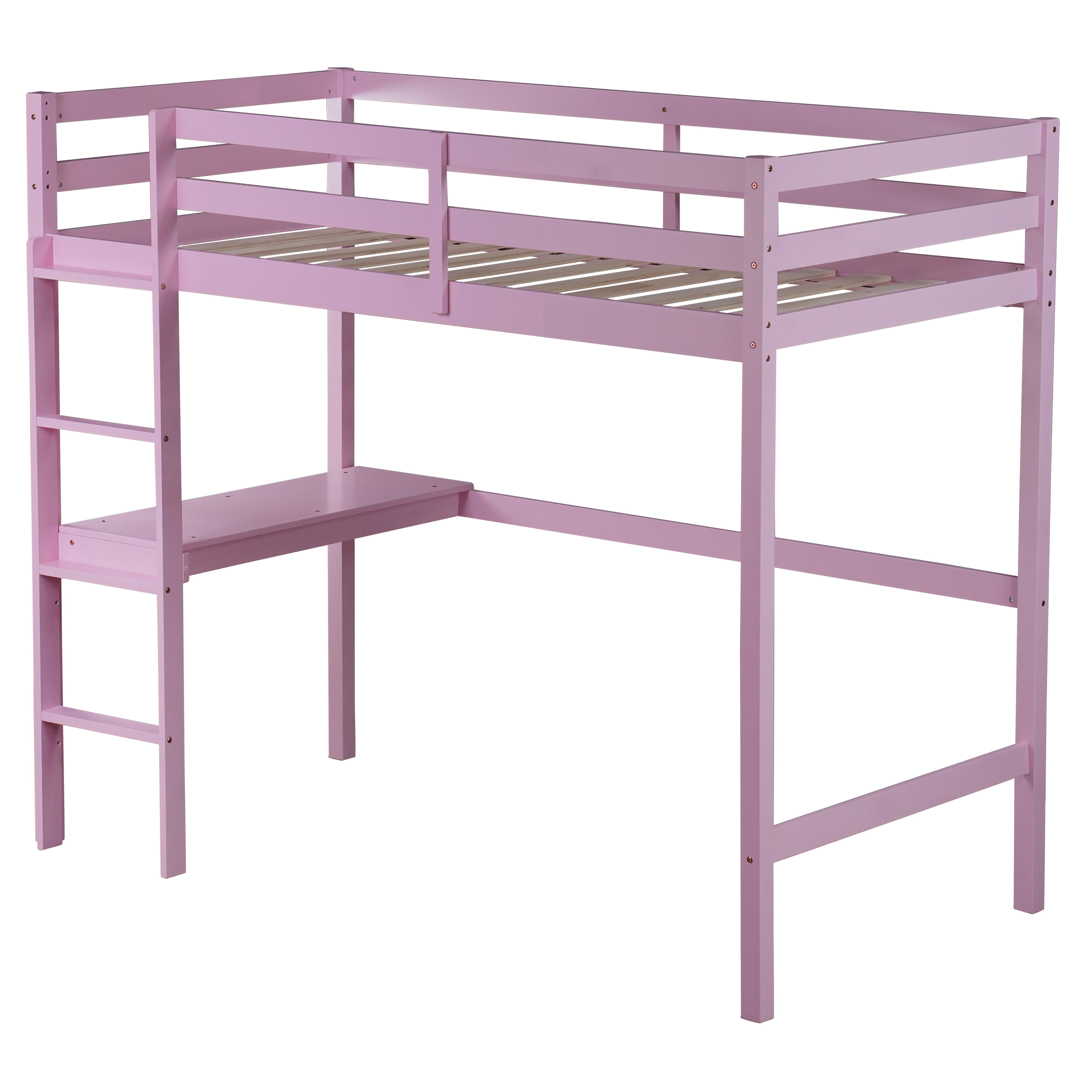 Miniyam Kids Loft Bed with Desk, Wood Loft Bed Frame with Guardrails, Ladder and Slats, Pink