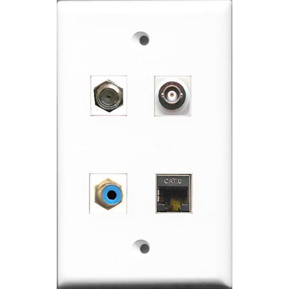 RiteAV 1 Port RCA Blue and 1 Port Coax Cable TV- F-Type and 1 Port Shielded Cat6 Ethernet and 1 Port BNC Wall Plate