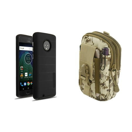 - Dual Layer Armor Textured Anti-Slip Grip Phone Case Cover (Black) with Desert Camo Tactical EDC MOLLE Belt Bag Pouch and Atom Cloth for Moto G6 Play, Moto G Play 6th Gen, Moto G6 Forge
