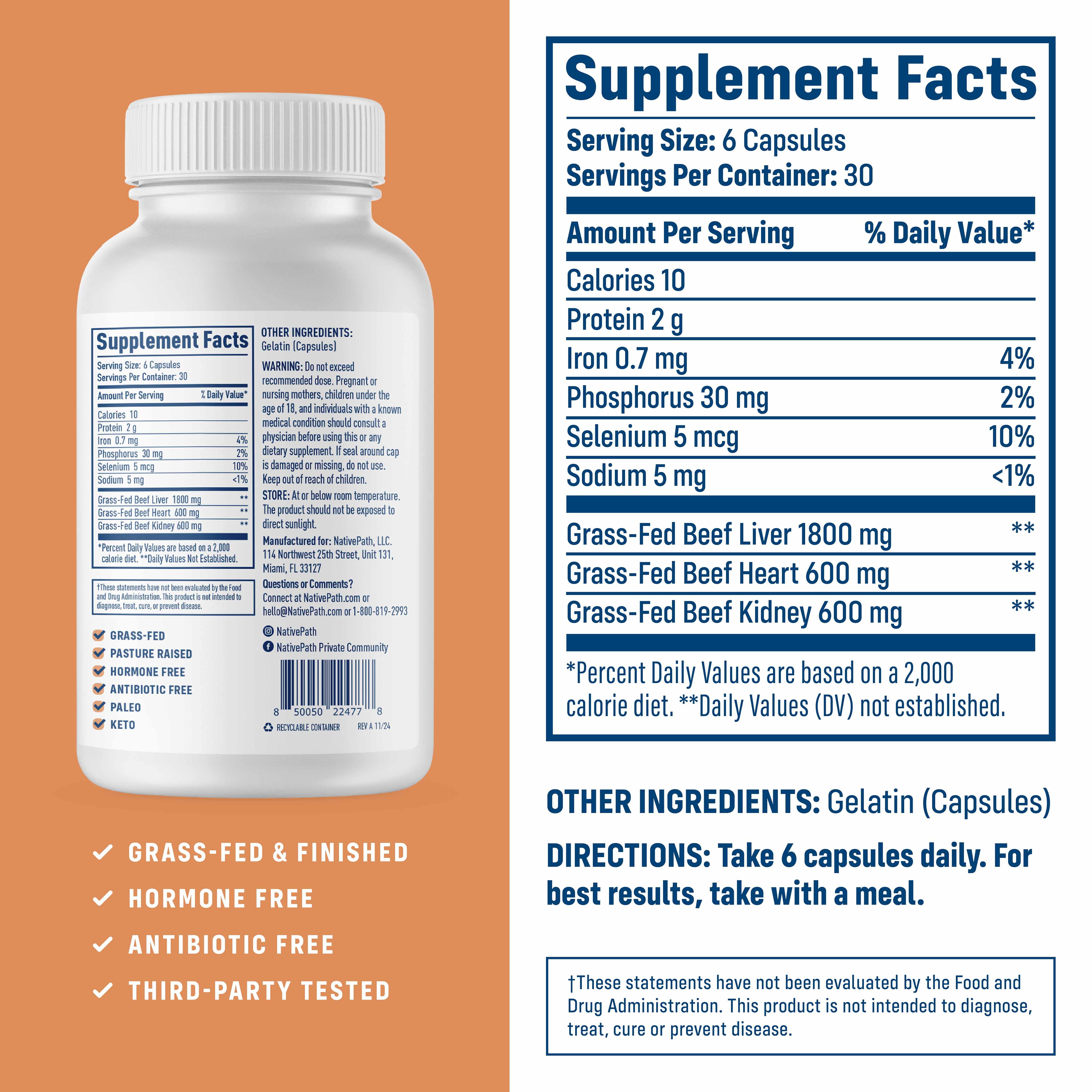 NativePath Beef Organ Complex, Grass-Fed Liver, Heart and Kidney, Freeze-Dried, 180 Count
