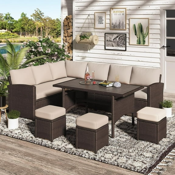 AECOJOY 7 Piece Patio Furniture Set PE Rattan Outdoor Dining Set Sectional Sofa Couch with Table Patio Conversation Set in Beige
