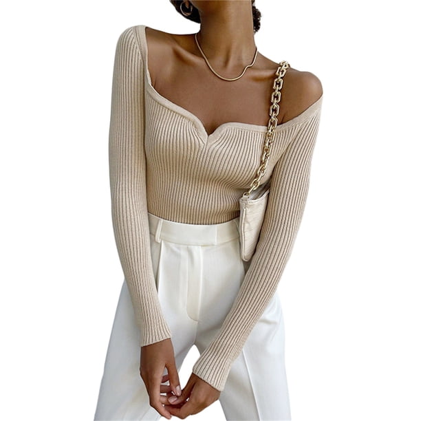 TRKIYQC Mujeres Otoño Prendas De Punto Delgadas, Color Sólido Acanalado Fuera Del Hombro Manga Larga Cuello Cuadrado Moda Tops Suéter TRKIYQC moda