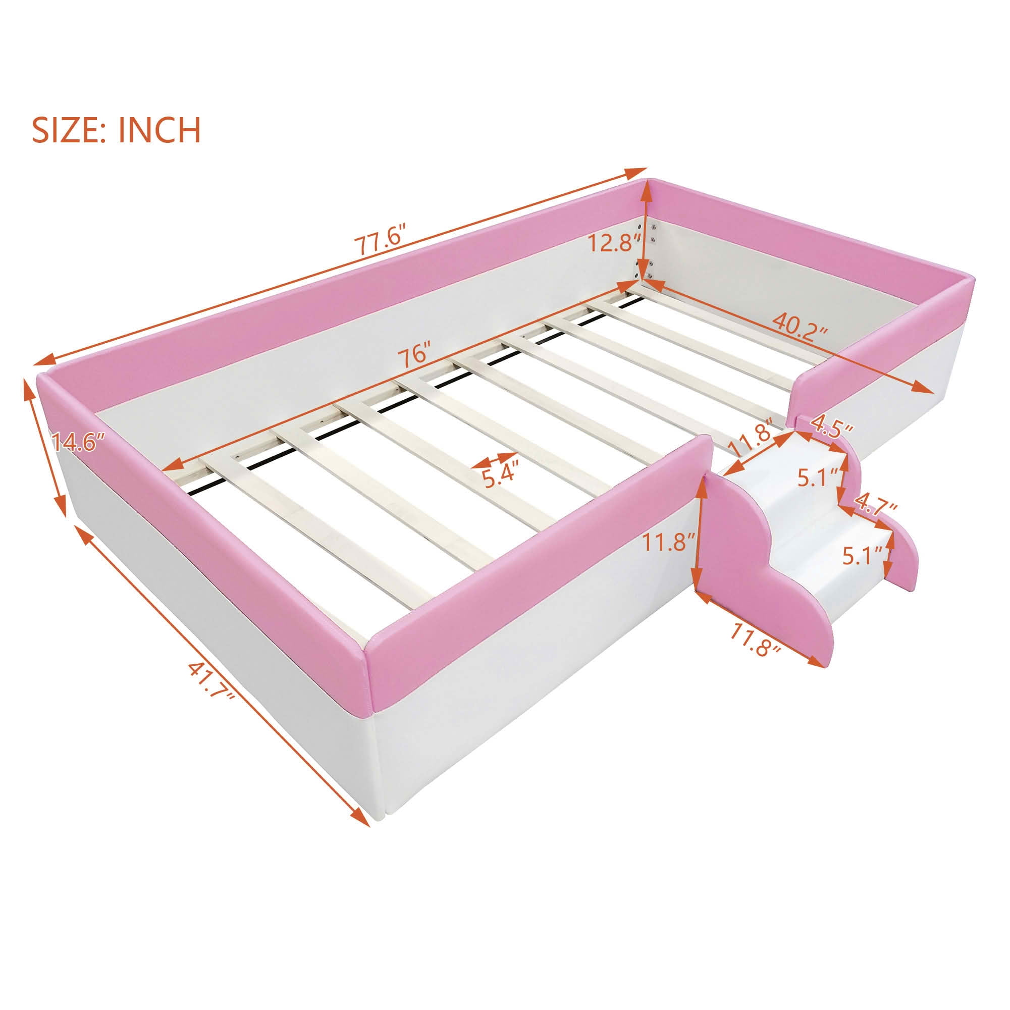 MAYEERTY Upholstered Floor Bed Frame with Fence & Staircase Design, Sturdy Slat Support & Easy Assembly