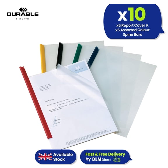 Durable 5x Clear A4 Report Cover and 5x Spine Bar Set, Clear Plastic, Assorted Colours (Pack of 10)