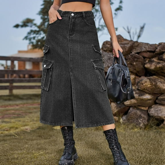 DailyTrove Women's Denim Cargo Midi Skirt - Casual Daily & Outdoor Wear, Versatile for Errands & Adventures