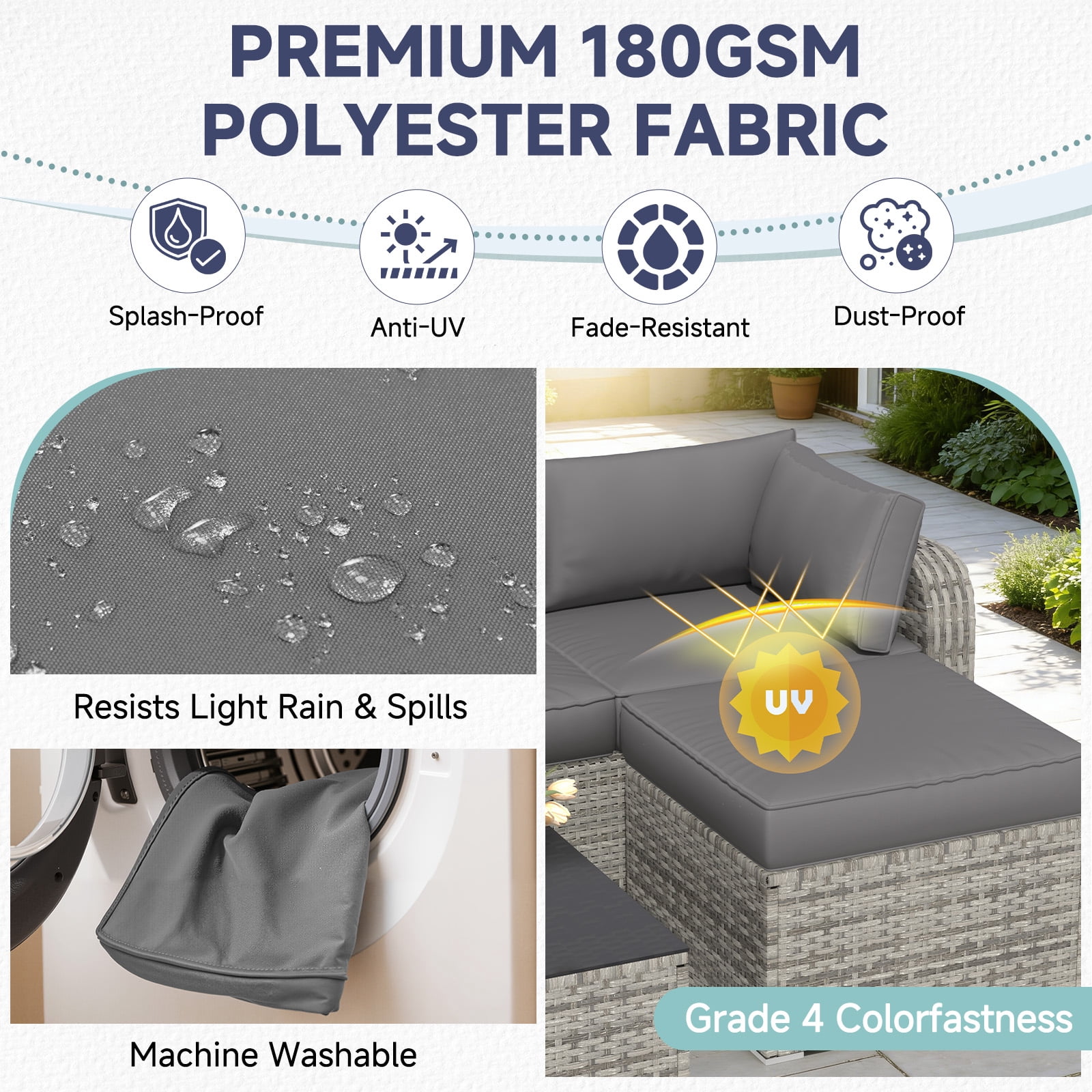 HOMREST Outdoor Replacement Cushions for Patio Furniture,Water-Repellent Sofa Cushion for 4-Seat Rattan Wicker Sectional Patio Conversation Sets,9-Piece Cushions Set for Outdoor Couch,Gray