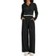 thumbnail image 1 of Conjuntos de dos piezas ATHLECHIC para mujeres, sudadera recortada de punto acanalado con medio botón y pantalones de pierna ancha, conjuntos de lounge casuales en negro, 1 of 4