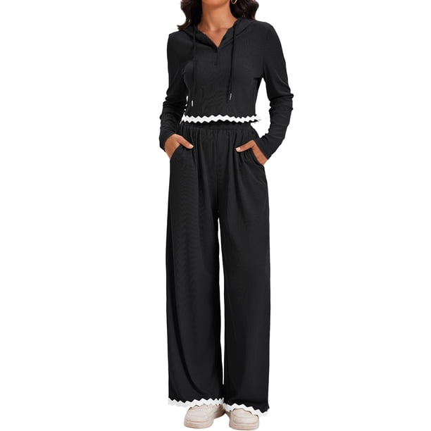 Conjuntos de dos piezas ATHLECHIC para mujeres, sudadera recortada de punto acanalado con medio botón y pantalones de pierna ancha, conjuntos de lounge casuales en negro