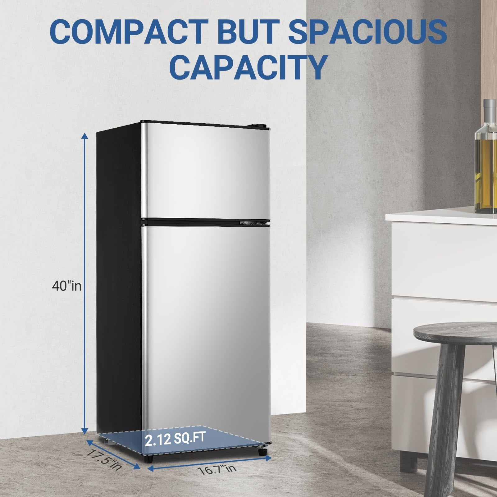 3.6 Cu.Ft Mini Fridge with Freezer, Adjustable Thermostat Compact Fridge with Freezer, Mini Refrigerator with Freezers Small Size Dorm Fridges for Office Apartment Dorm Kitchen Office, Silver
