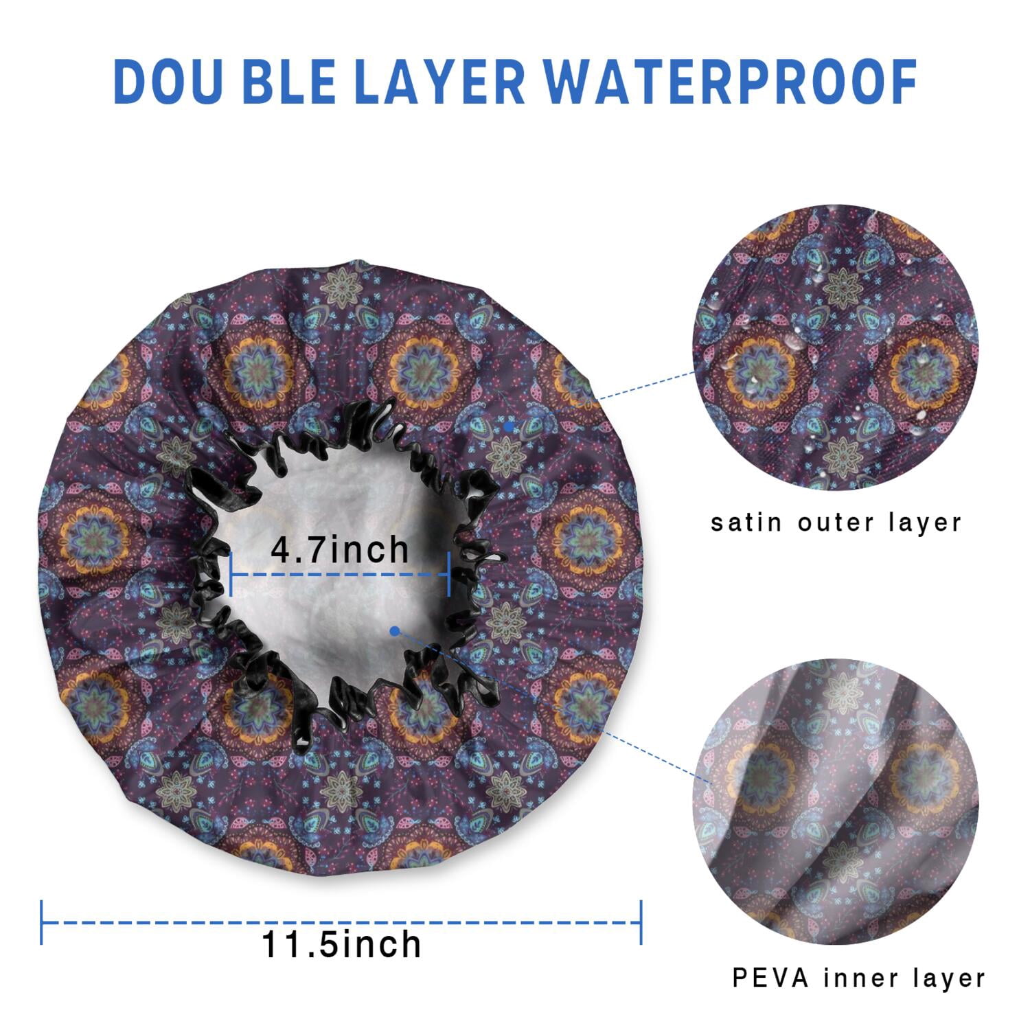 Shower Caps,Purple Circular Floral Pattern Waterproof Shower Cap for Women 4 Pieces,Double Reusable Hair Cover for Shower PEVA Elastic Stretch Hem
