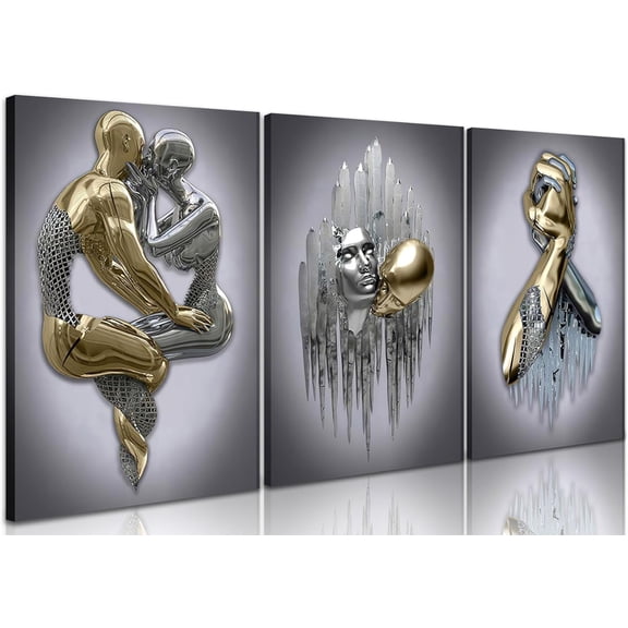 Modern Bedroom Wall Art Set of 3-3D Metal Effect Couple Canvas Paintings Wall Decor, Abstract Figure Statue Art Prints for Living Room Home Decor - 12x16in Framed