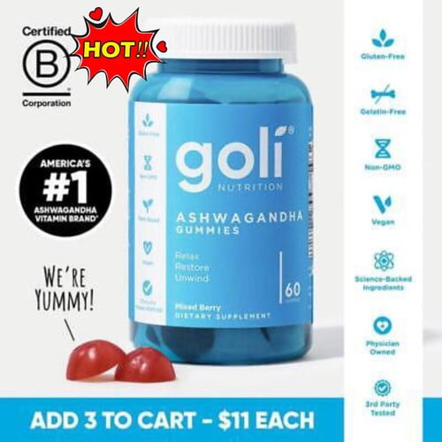 gomitas de ashwagandha goli nutrition con frutos rojos (60 unidades) Frasco azul de frente con tapa blanca y etiqueta 'goli' visible; envase indica 60 unidades y texto ashwagandha gummies; dos gomitas rojas en primer plano sobre fondo blanco, presentación de suplemento vitamínico.