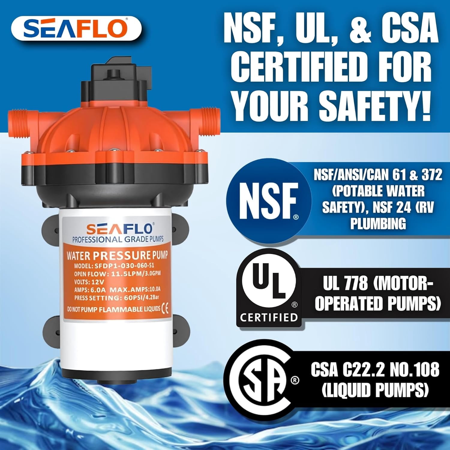 SEAFLO 51 Series Heavy-Duty Water Pressure Pump – 5.5 GPM, 60 PSI, 24V DC, 1/2" MNPT Ports - NSF, UL, CSA & IAPMO CERTIFIED FOR SAFETY - Self-Priming, 5-Chamber Diaphragm, Marine RV – 4-Year Warranty