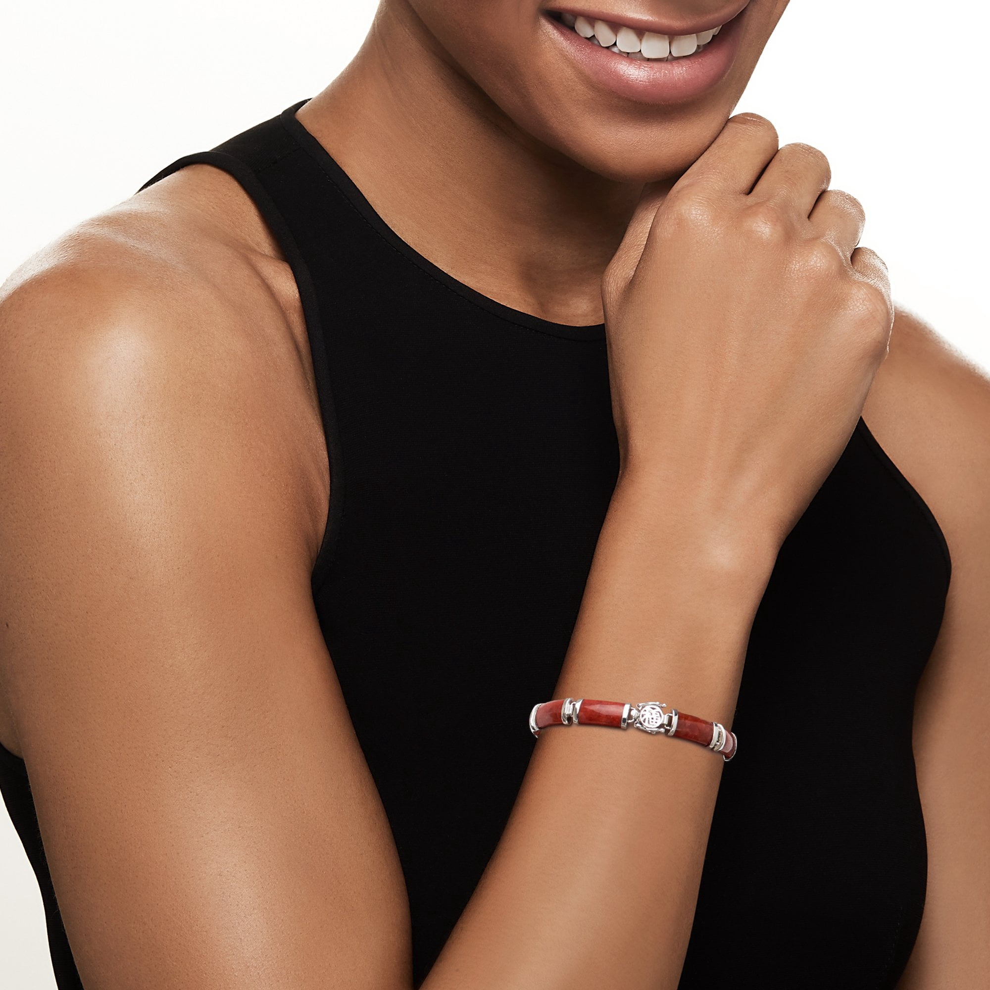 Ross-Simons Red Jade "Good Fortune" Bracelet in Sterling Silver, Women's, Adult