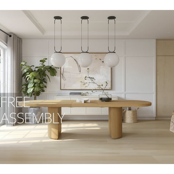 Extendable 90-110 Inch Oval Dining Table, Mid Century Modern Pedestal, Light Oak Finish