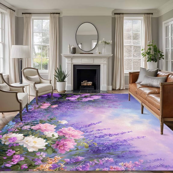 Purple Lavender Area Rug 6x9 Washable Rug Non Slip Spring Watercolor Country Wildflowers Large Area Rug Soft Stainresistant Indoor Floor Carpet for Living Room Bedroom Home Office Dining Room Nursery