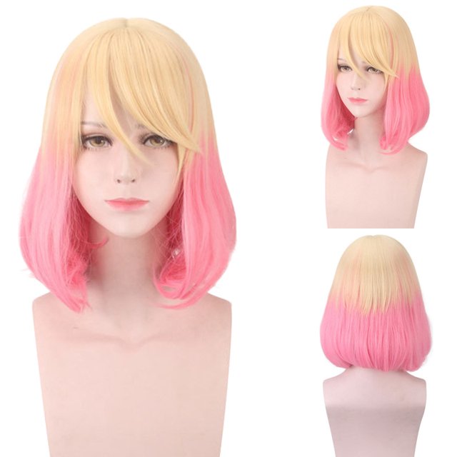 Peluca de cosplay rubia y rosa con corte bob, 40 cm, para todas las edades