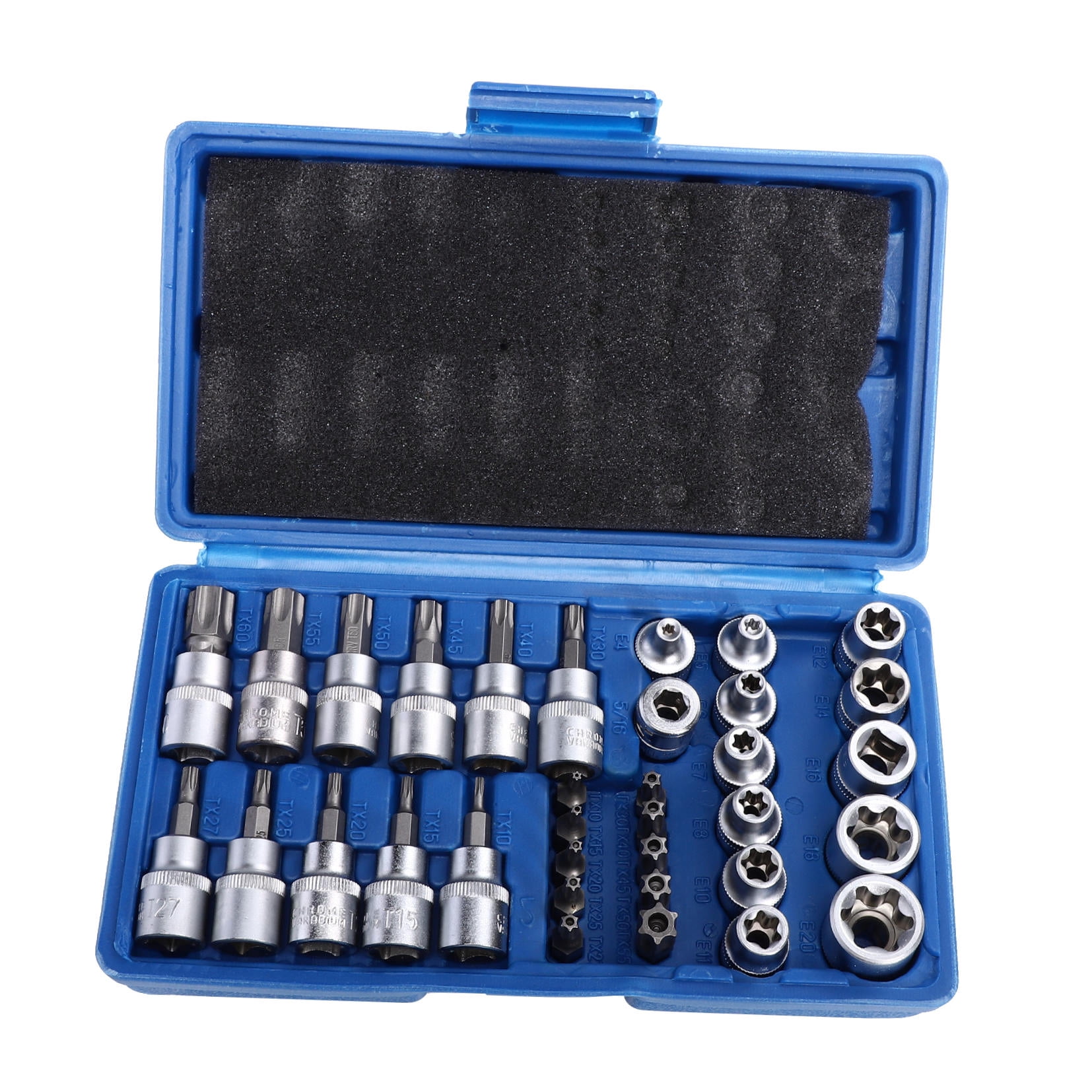 FONDOTIN 34Pcs Metal Torque Socket Blue Silver Star Bits Socket Set for Hand Tools