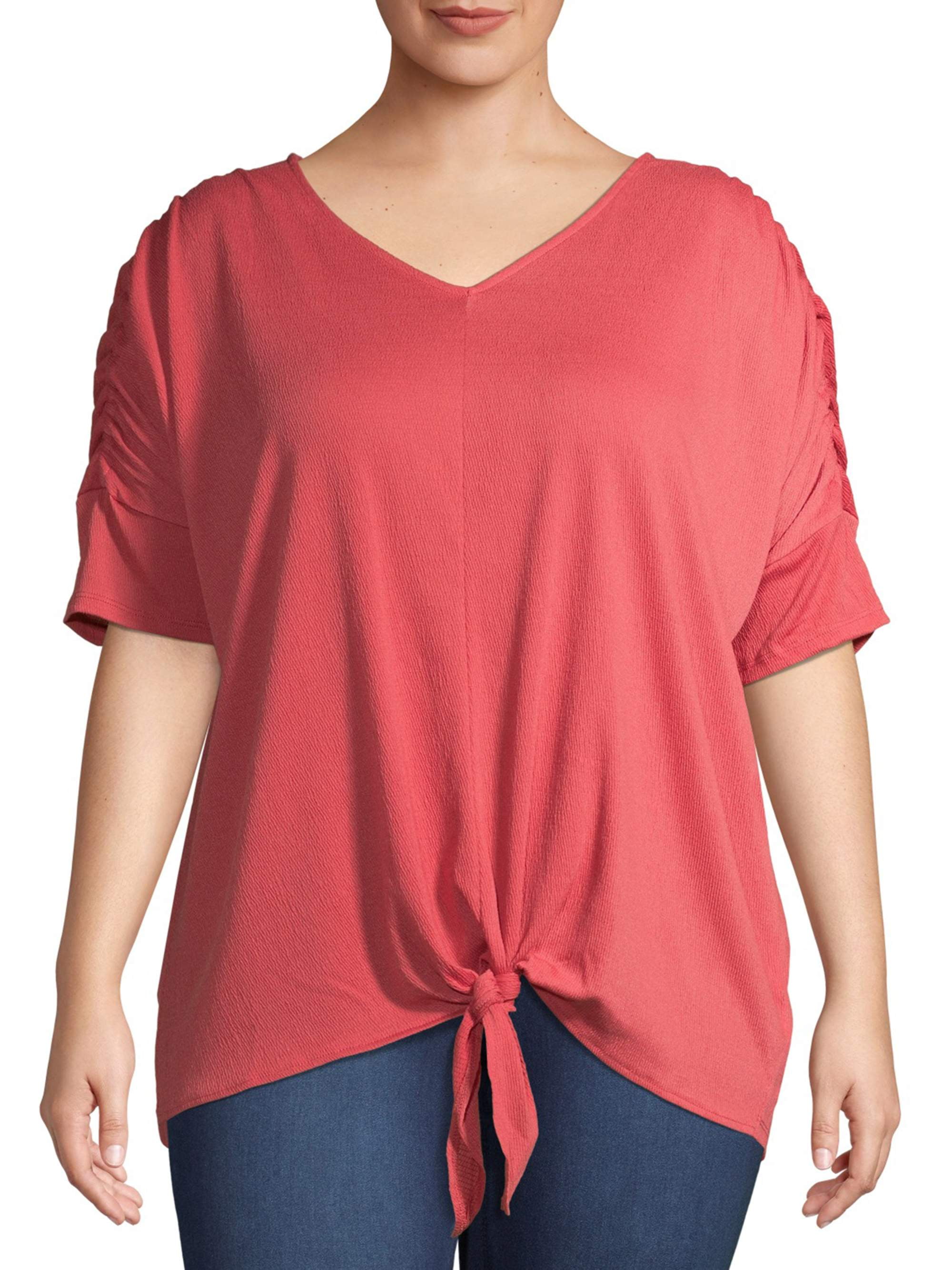 Short Sleeve Ruched Tie Front T-Shirt ...