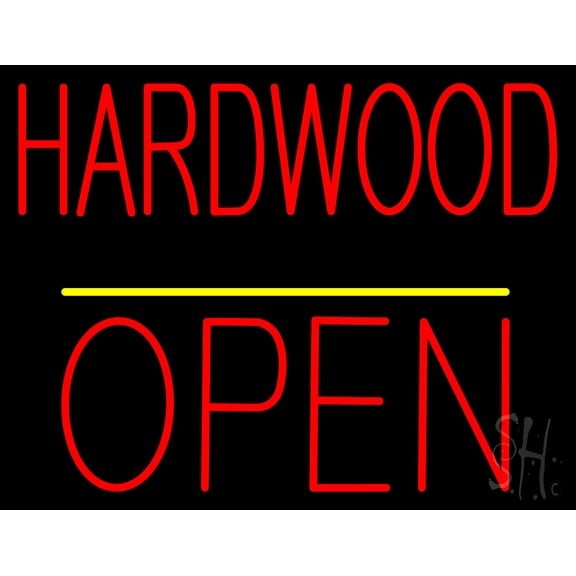 Hardwood Block Open Yellow Line LED Neon Sign 15" Tall x 19" Wide - inches Black Square Cut Acrylic Backing, with Dimmer - Premium built indoor Sign for Storefront, Store interior, Exhibition, Decor.