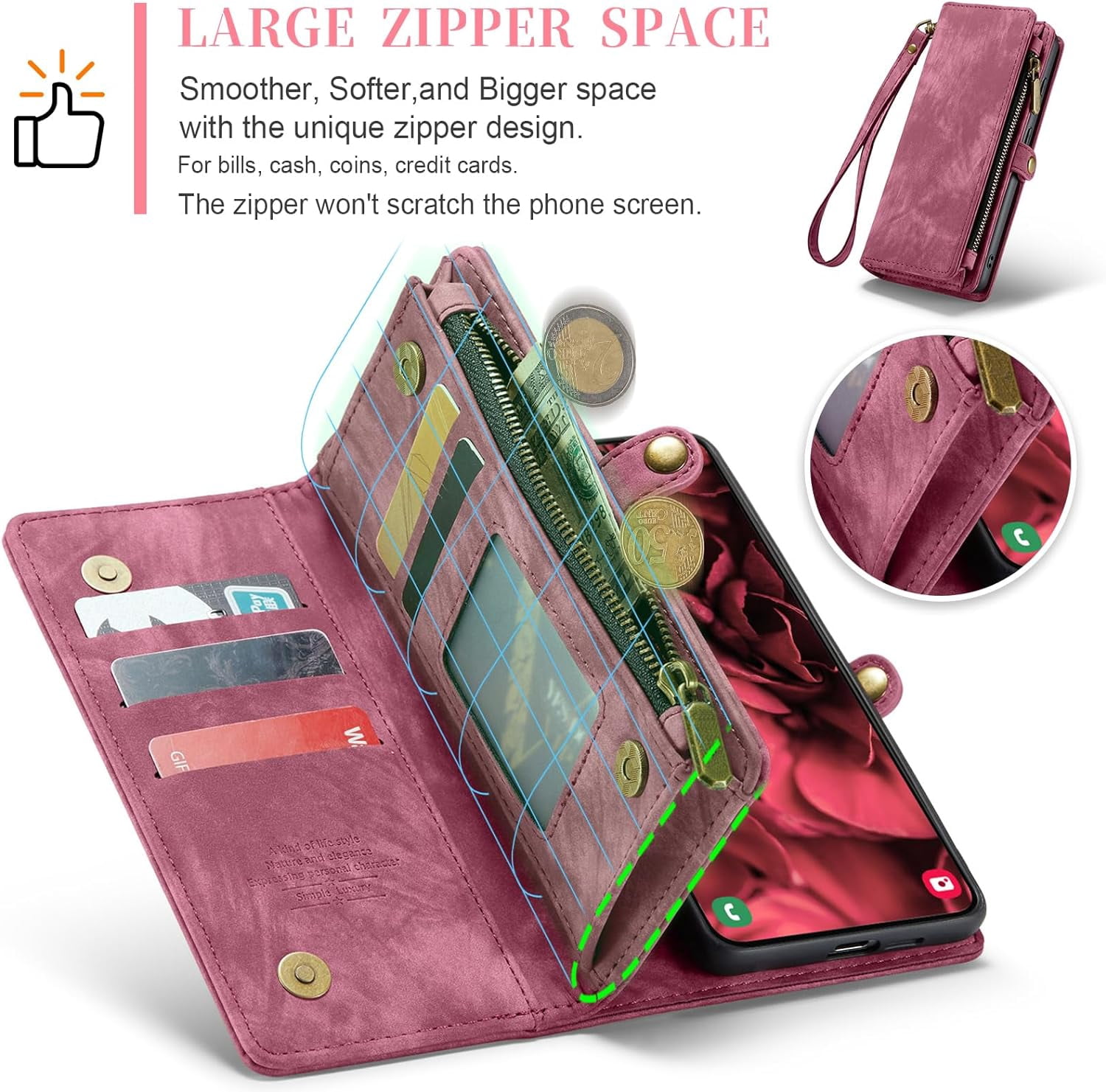 Phone Case for Samsung Galaxy S24 5G Zipper Wallet Detachable Cover with Tempered Glass Screen Protector and Leather Flip Credit Card Holder Cell Accessories S 24 24S GS24 G5 Women Men Red