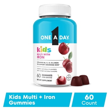 One A Day Kids Multivitamins Gummies with iron, & with Vitamin C, D, E, & Zinc for Immune Support, Cherry Flavor, 60 Count