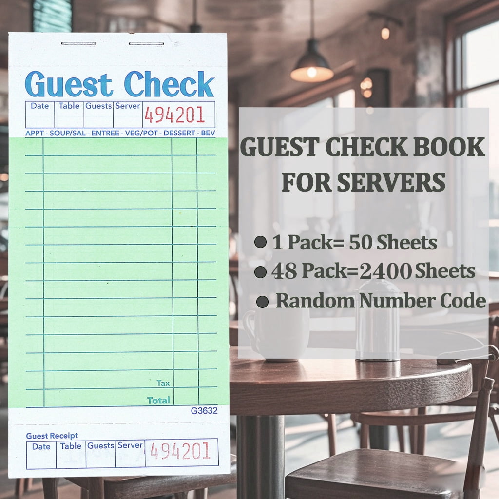 Guest Checks Server Note Pads 48 Pack 2400 Orders, Green Guest Check Pads with Bottom Receipt, Waitress Notepad for Restaurant Business