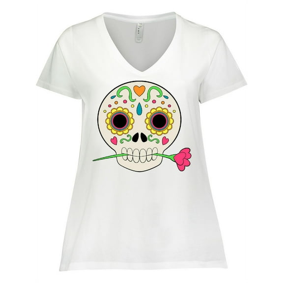 Inktastic DÃ­a De Los Muertos Skull with Flower Women's Plus Size V-Neck T-Shirt