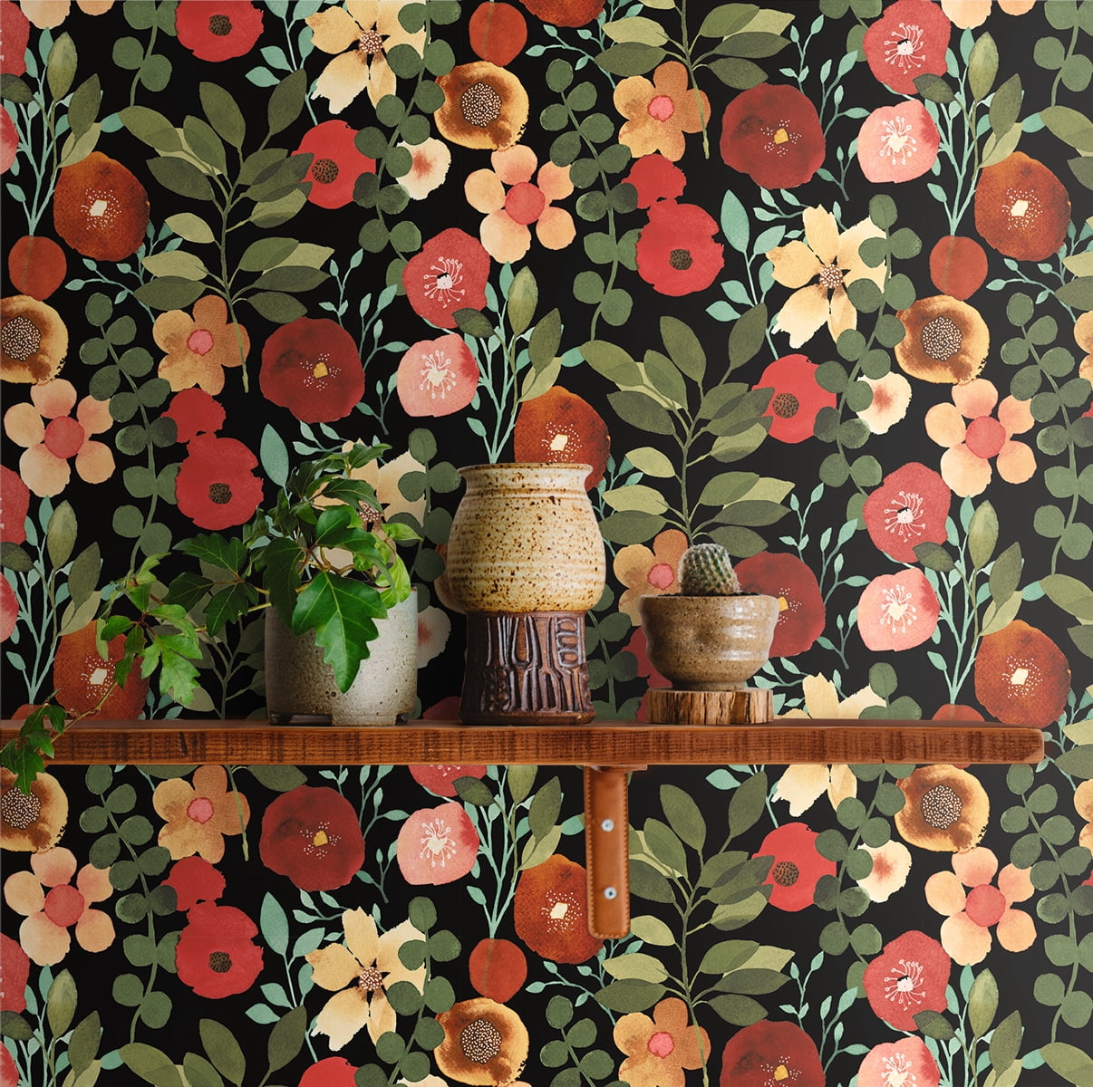 NextWall Jet Black & Ruby Garden Dance Peel and Stick Wallpaper