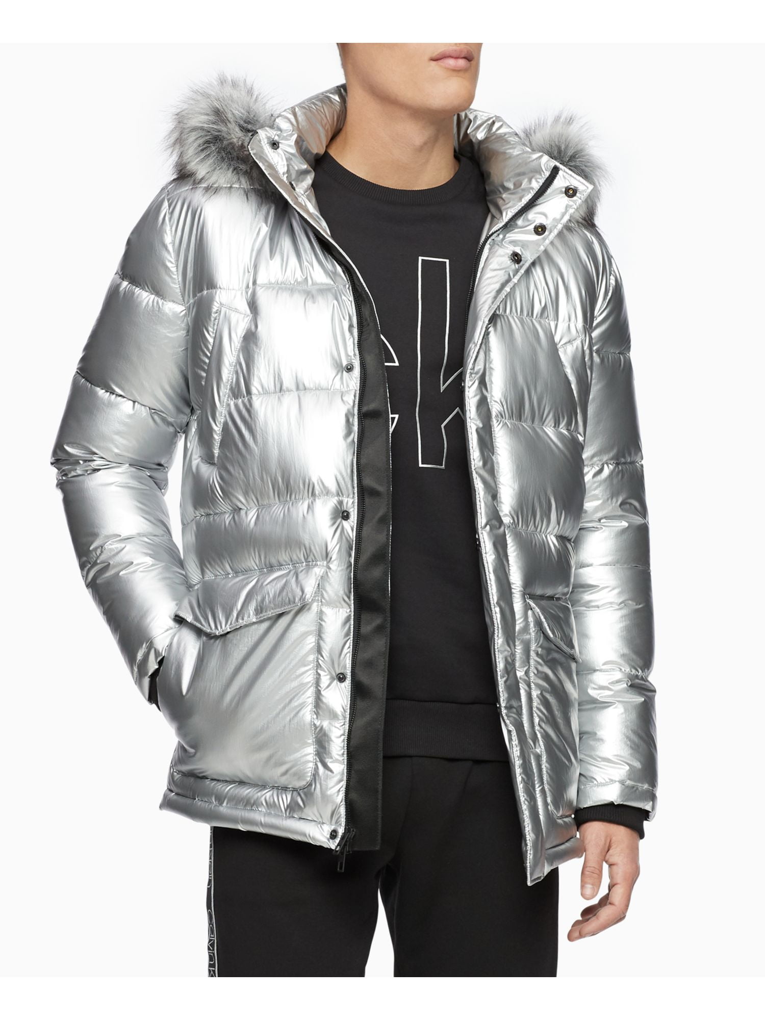 Inschrijven ongerustheid Pelagisch CALVIN KLEIN Mens Silver Faux Fur Hood Puffer Coat XL - Walmart.com