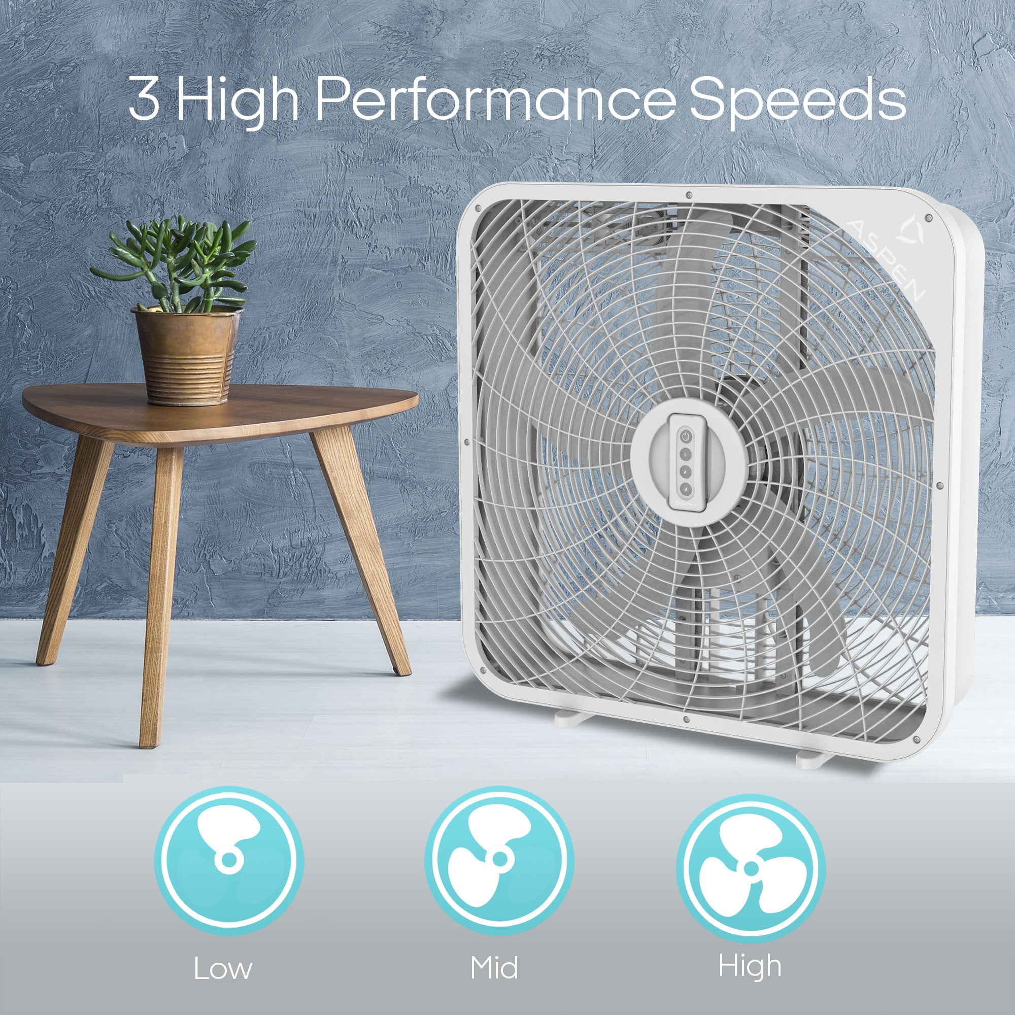THE ASPEN 20” White Box Fan with Remote Control, 2800 Cubic Feet per Minute, Efficient Cooling, 3 Speed, AB-20US