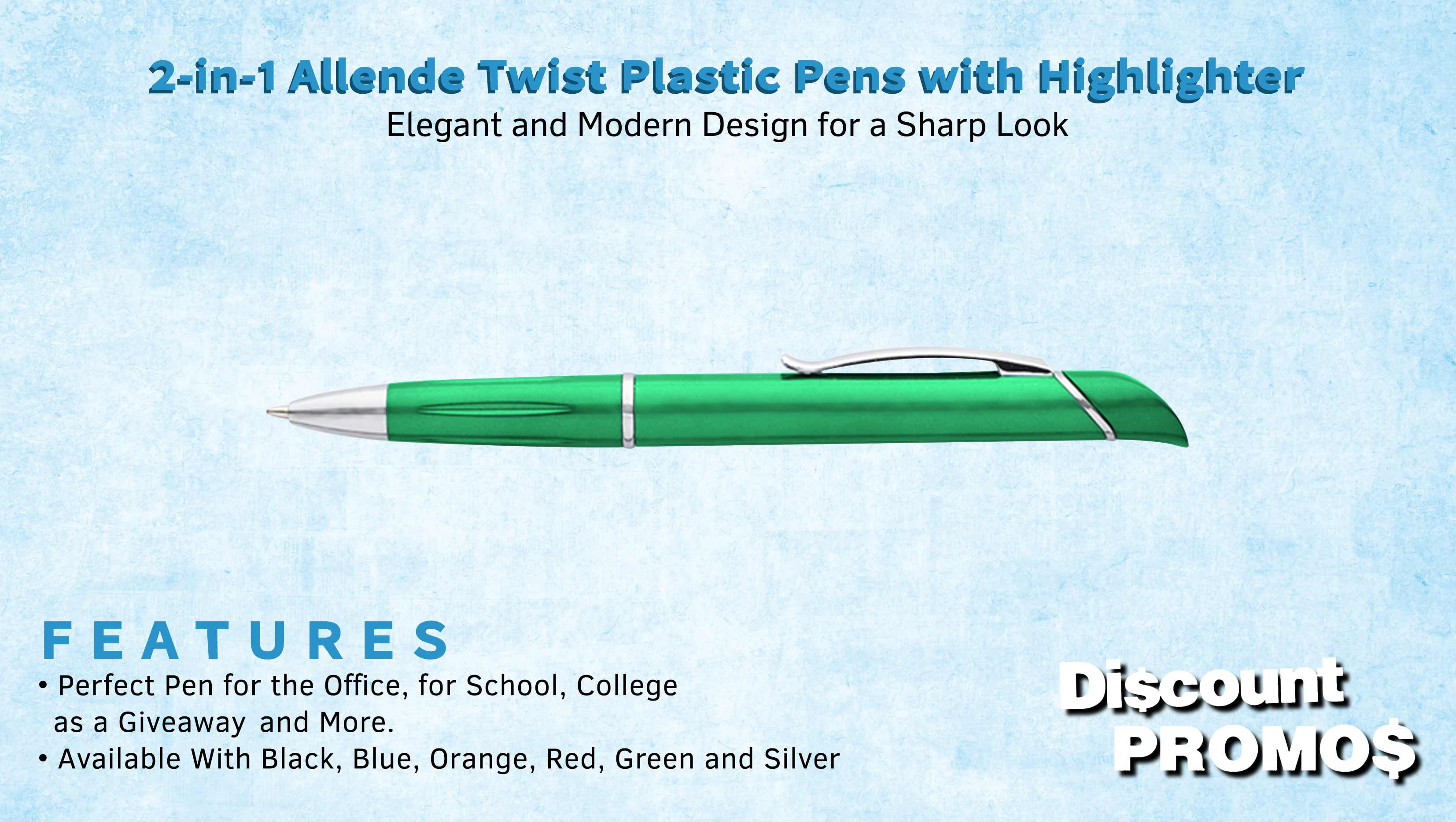 10 Allende Twist Plastic Pens with Highlighter Pack - Stylish, Durable, Black Ink - Green