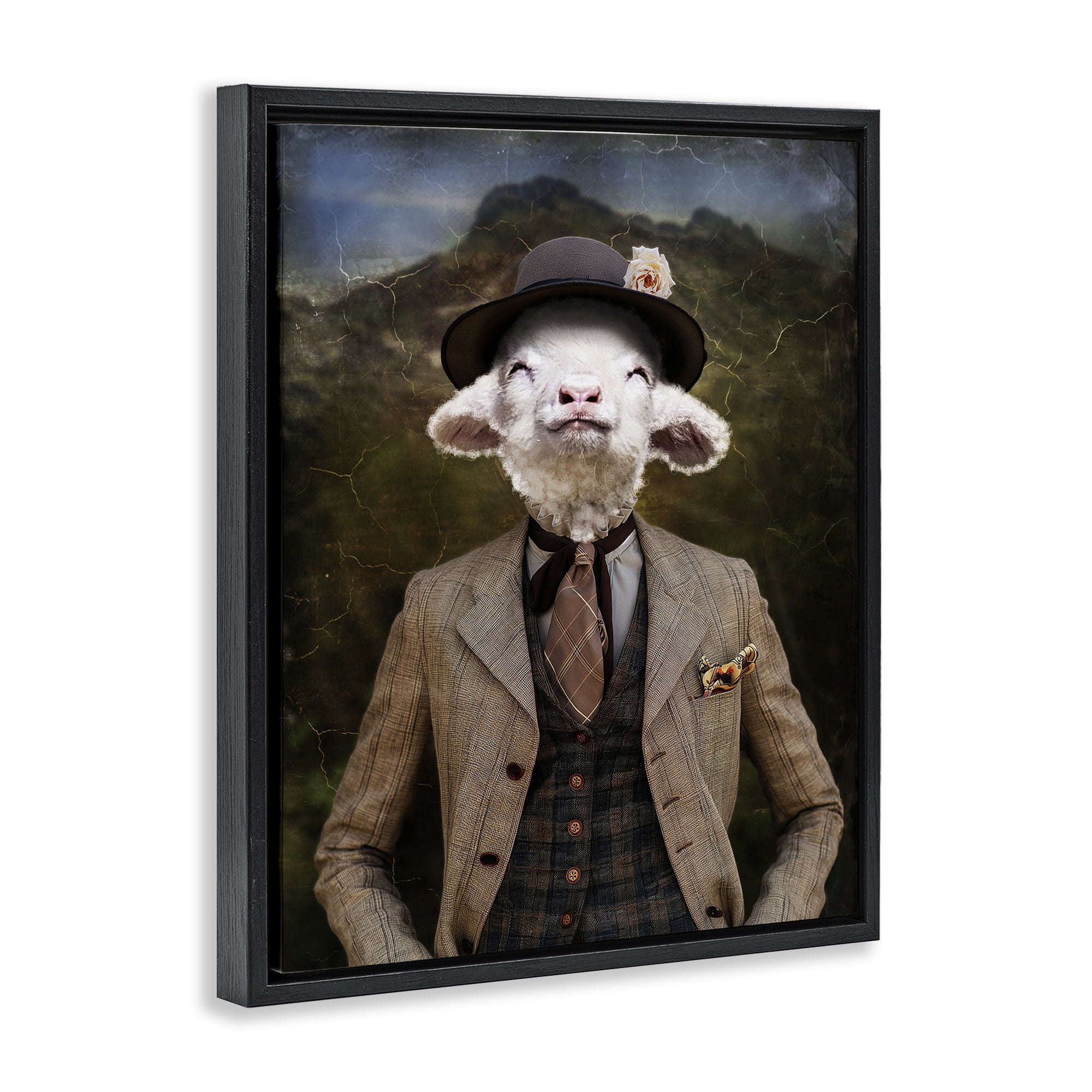 Stupell Industries Happy Classic Lamb Animals & Insects Painting Black Floater Framed Canvas Art Print Wall Art, 25 x 31