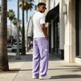 thumbnail image 3 of Dweltoz Men Linen Cargo Pants Baggy Elastic Waist Trousers Lightweight Breathable Wide Straight Leg Workwear with Pockets,Purple 2XL, 3 of 6