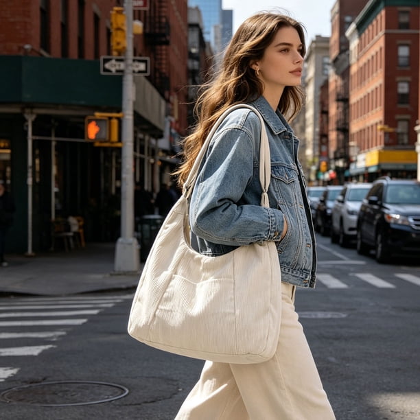 Bolso tote de pana para mujer, bolso bandolera de gran capacidad para ir al trabajo o a clase – Correa ajustable, bolso de mano versátil con forro para uso diario.