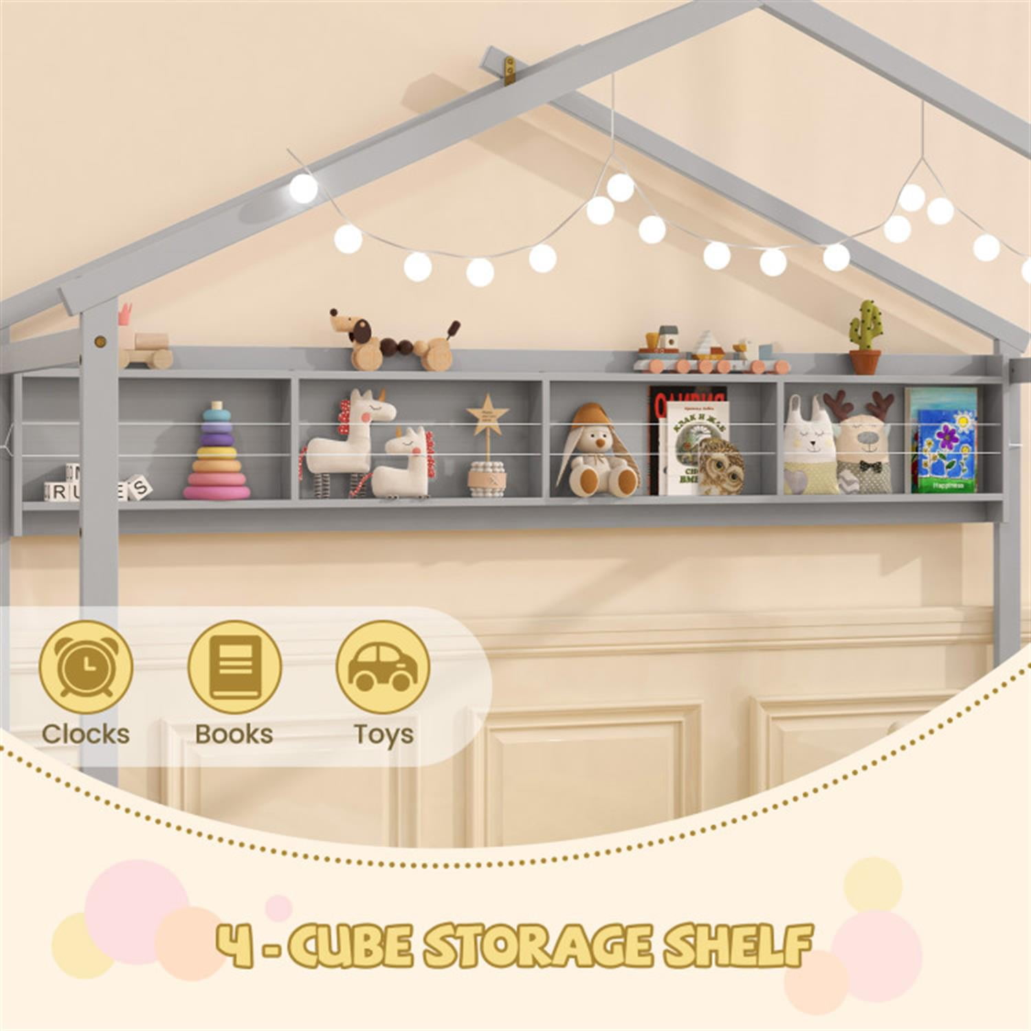 Demi Bonn Twin Size House Bed Frame with Storage Shelf and Headboard, Wooden Floor Bed Frame with Fence and Roof for Bedroom, Gray