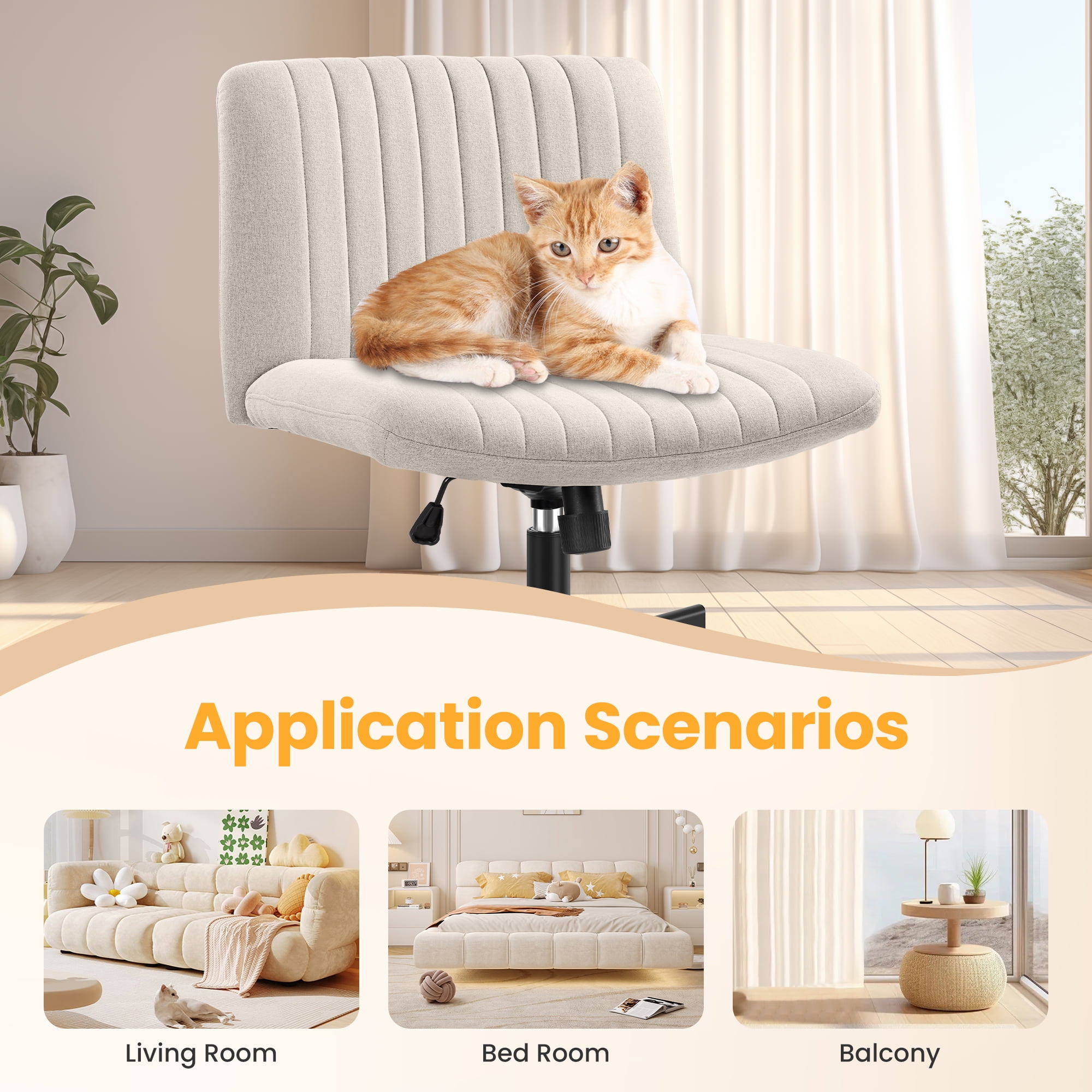 COOLHUT Office Chair Armless Criss Cross Legged Chair with Wheels, Linen Fabric Comfy Home Office Desk Chairs, Wide Seat Vanity Task Computer Chair, Beige