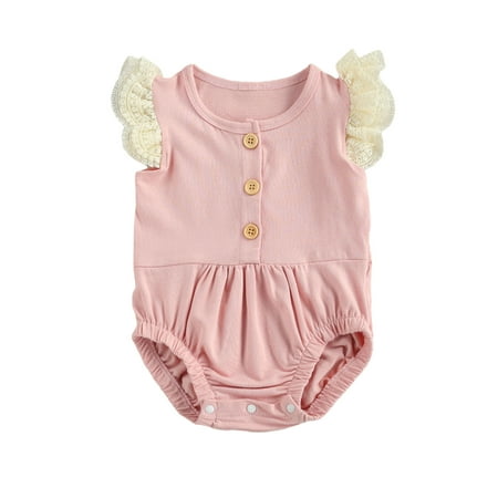 

Puloru Infant Lace Flying Sleeve Romper Button Folding Elastic Clothing